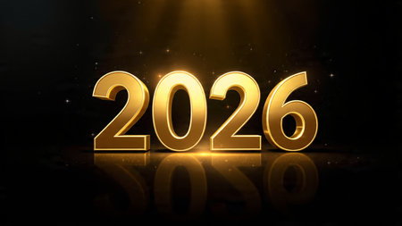 Happy New Year golden text on black background. 3D rendering
