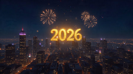 Happy new year 2016 and fireworks over the city, New Year concept