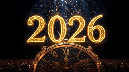 Premium 2026 greeting backdrop with minimal frost noise and cool sparkle accents.