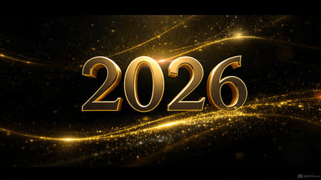 Luxury New Year 2026 backdrop with glossy ice-blue gradients and soft floating spark particles,...