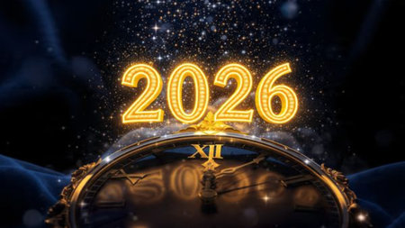 Luxury 2026 New Year visual with smooth silver light trails and clean layout balance.