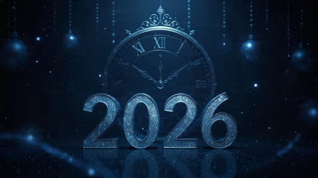 Luxury 2026 greeting design with soft ice shimmer mist and silver glow accents.