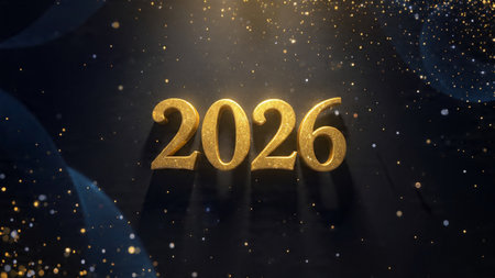 Happy New Year. Gold numbers on a black background with bokeh effect.