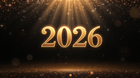 Shining golden numbers on a dark background. The concept of New Year's Eve.