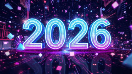 Elegant 2026 background with silver glow edges and minimal sparkle diffusion.