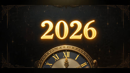 Happy New Year with golden clock on dark background. 3D Rendering