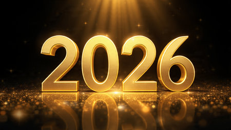 Elegant 2026 New Year greeting with ice-blue bokeh, smooth light spread, premium holiday aesthetic.