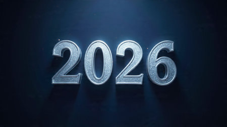 Glowing silver 2026 New Year 3d rendering on dark blue background