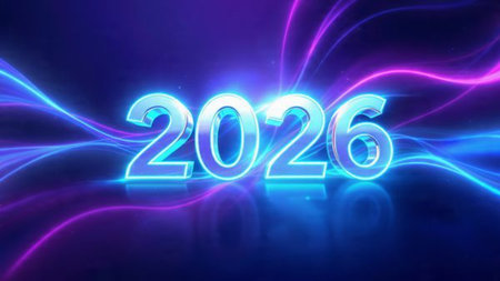 Glowing 2026 numbers on blue background. New Year concept.