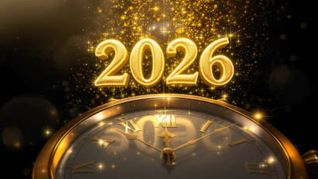 Premium 2026 luxury greeting with icy shimmer corners and soft festive glow.
