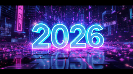 New year glowing neon sign over cityscape background 3D rendering