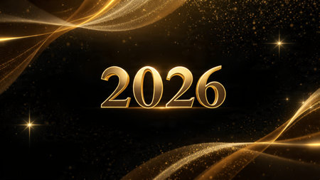 Luxury 2026 celebration background with polished silver light trails and clean layout.