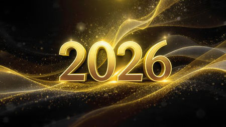 Luxury 2026 winter canvas with crystal-dust particles and clean festive space.