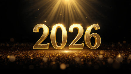 Luxury New Year 2026 backdrop with glossy ice-blue gradients and soft floating spark particles,...