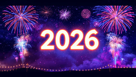 Luxury New Year 2026 background with silver clock silhouette, midnight glow, and soft frost...