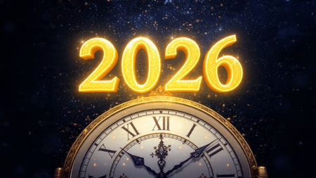 Premium New Year 2026 design with soft cool glimmer and silver sparkle field balance.