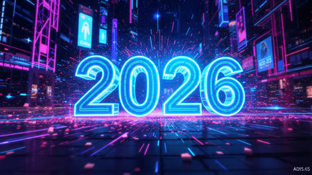 New Year neon sign on the city street. 3d rendering