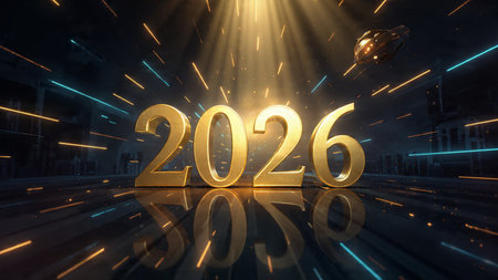 Luxury 2026 greeting canvas with crisp cool frost shine and refined copy space.