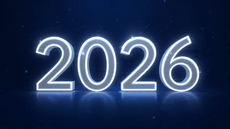 Luxury 2026 New Year scene with smooth glassy number reflections and refined white balance.