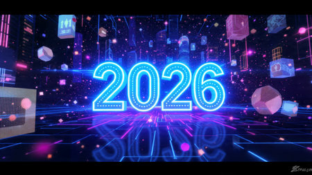 Luxury 2026 celebration canvas with smooth glassy number reflections and cool glow.