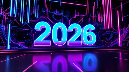 Elegant 2026 premium canvas with silver sparkle trails and soft cool glow.