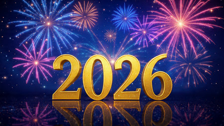 Luxury 2026 New Year greeting background with frozen bokeh glow, minimal festive accents.