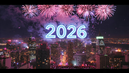 Luxury 2026 greeting design with soft ice shimmer mist and silver glow accents.