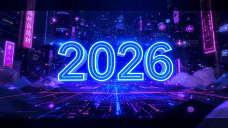 Luxury New Year 2026 backdrop with glossy ice-blue gradients and soft floating spark particles,...