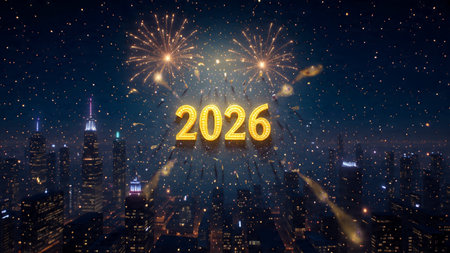Luxury New Year 2026 backdrop with glossy ice-blue gradients and soft floating spark particles,...
