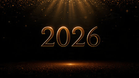 Premium 2026 luxury greeting with silver sparkle trails and cool winter mood, high res.