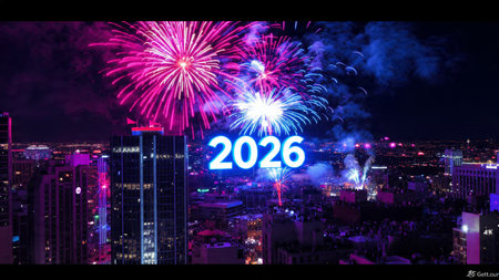 Luxury 2026 winter canvas with crystal-dust particles and clean festive space.