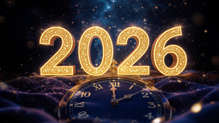 Elegant 2026 background with silver glow edges and minimal sparkle diffusion.