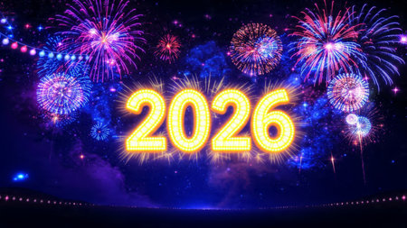 Premium 2026 New Year design with smooth ice-glass lighting reflections, elegant winter palette.