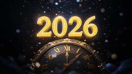 Elegant 2026 New Year design with ice-glass glow and subtle sparkle corners, high res.