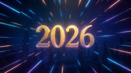 Premium New Year 2026 canvas with elegant silver starlight trails and minimal festive accents.