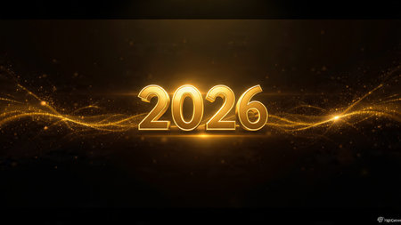 Luxury 2026 celebration canvas with smooth glassy number reflections and cool glow.