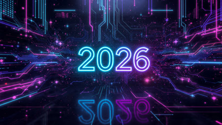 Premium 2026 celebration backdrop with diamond frost particles and crisp layout.