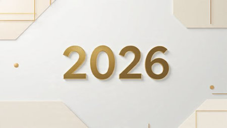 Elegant 2026 New Year greeting with ice-blue bokeh, smooth light spread, premium holiday aesthetic.
