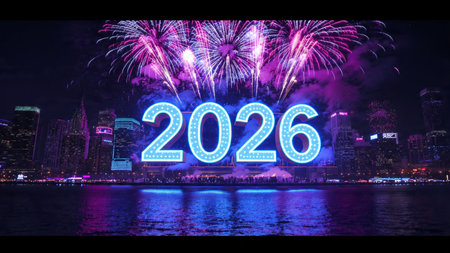 Premium 2026 greeting background with diamond frost spark overlay and cool elegance.