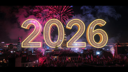 2026 luxury celebration backdrop with glassy reflections and subtle cool glow, modern festive...