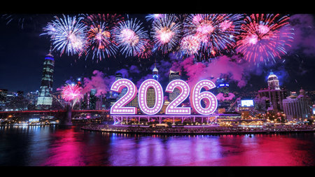 Elegant 2026 premium canvas with cool winter sparkle trails and crisp lighting composition.