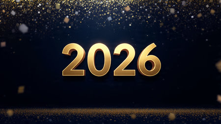 Elegant 2026 New Year greeting with ice-blue bokeh, smooth light spread, premium holiday aesthetic.