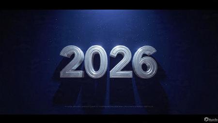 Elegant 2026 New Year composition with silver light ribbons and crisp winter sparkle particles.