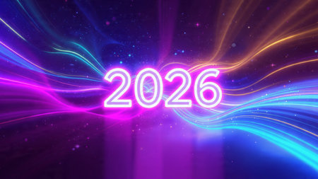 Elegant 2026 celebration backdrop with pearl frost spark corners and clean space.
