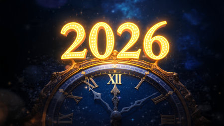 Minimal luxury 2026 New Year composition with gentle glow arc, silver sparkle gradient, clean copy...