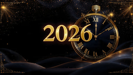 Premium 2026 celebration backdrop with frozen shimmer trails and soft cool lighting.