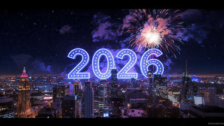 2026 premium celebration backdrop with soft glowing frost arcs and minimal noise.