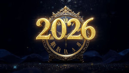 Minimal luxury 2026 New Year composition with gentle glow arc, silver sparkle gradient, clean copy...