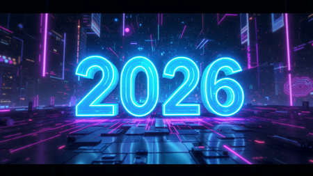 Premium 2026 New Year backdrop with soft frozen glow arcs and calm lighting.