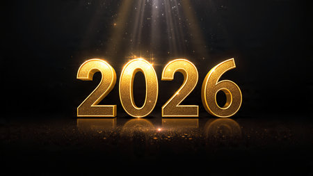 Elegant New Year 2026 scene with crystal glass numbers and subtle silver shimmer on a clean luxury...